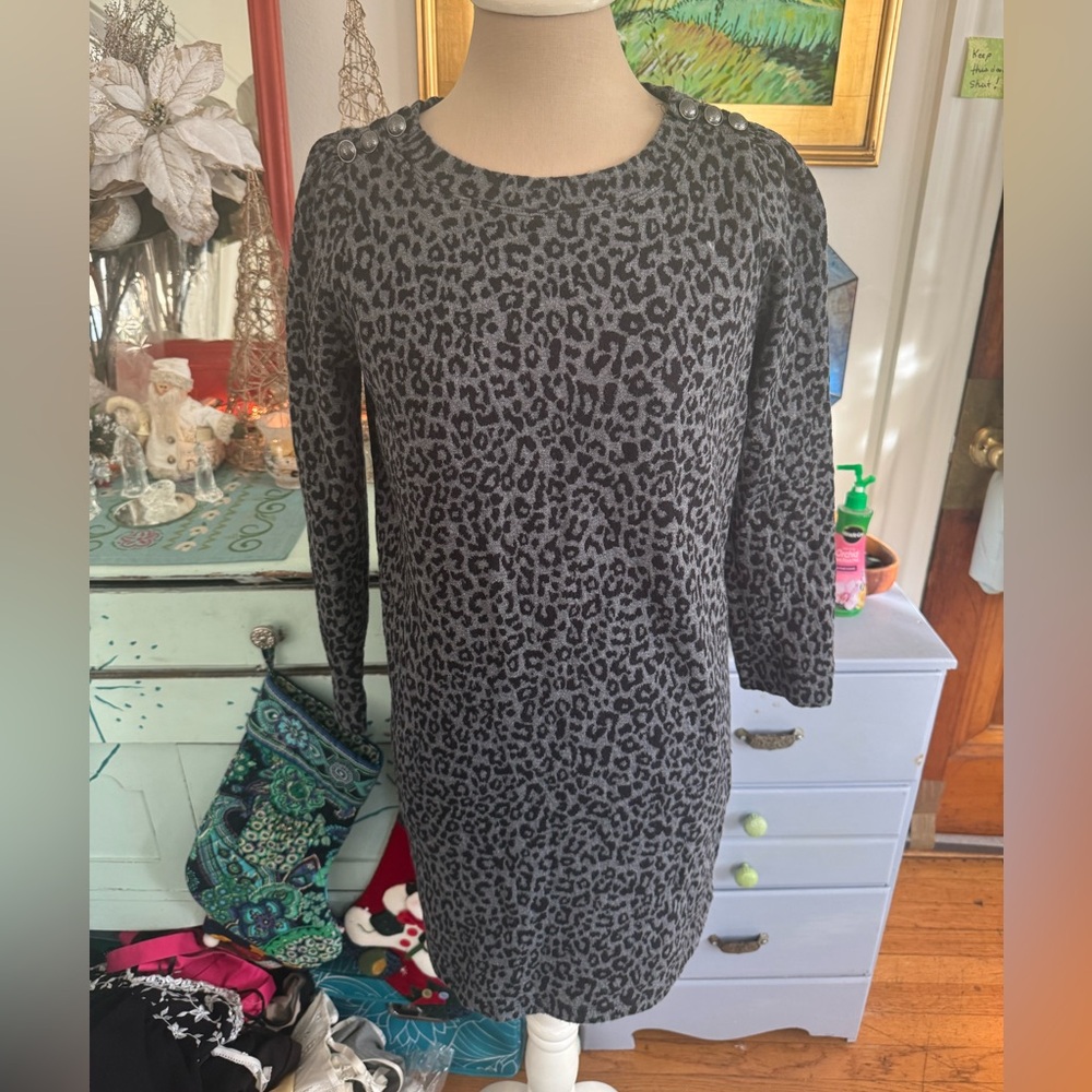 Ann Taylor LOFT Leopard Print Tunic Dress M Sweatshirt Black Gray Cotton VGUC